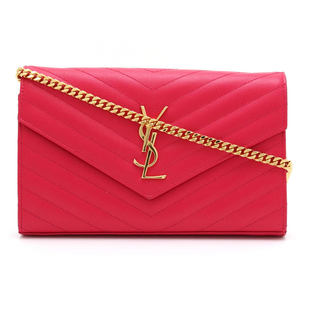 Saint Laurent Yves Paris Chain Wallet Leather Pink